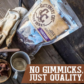 CATTLEMAN'S CUT Teriyaki Beef Jerky flavor note highlights savory glaze and texture.