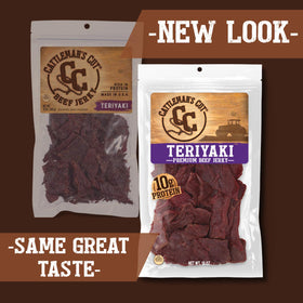 Close-up of glossy teriyaki glazed jerky slices from CATTLEMAN'S CUT.