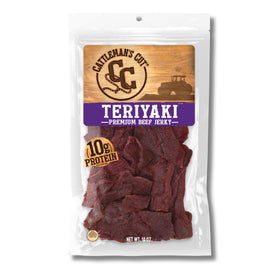 CATTLEMAN'S CUT Teriyaki Beef Jerky pack shot, premium protein snack for on-the-go.