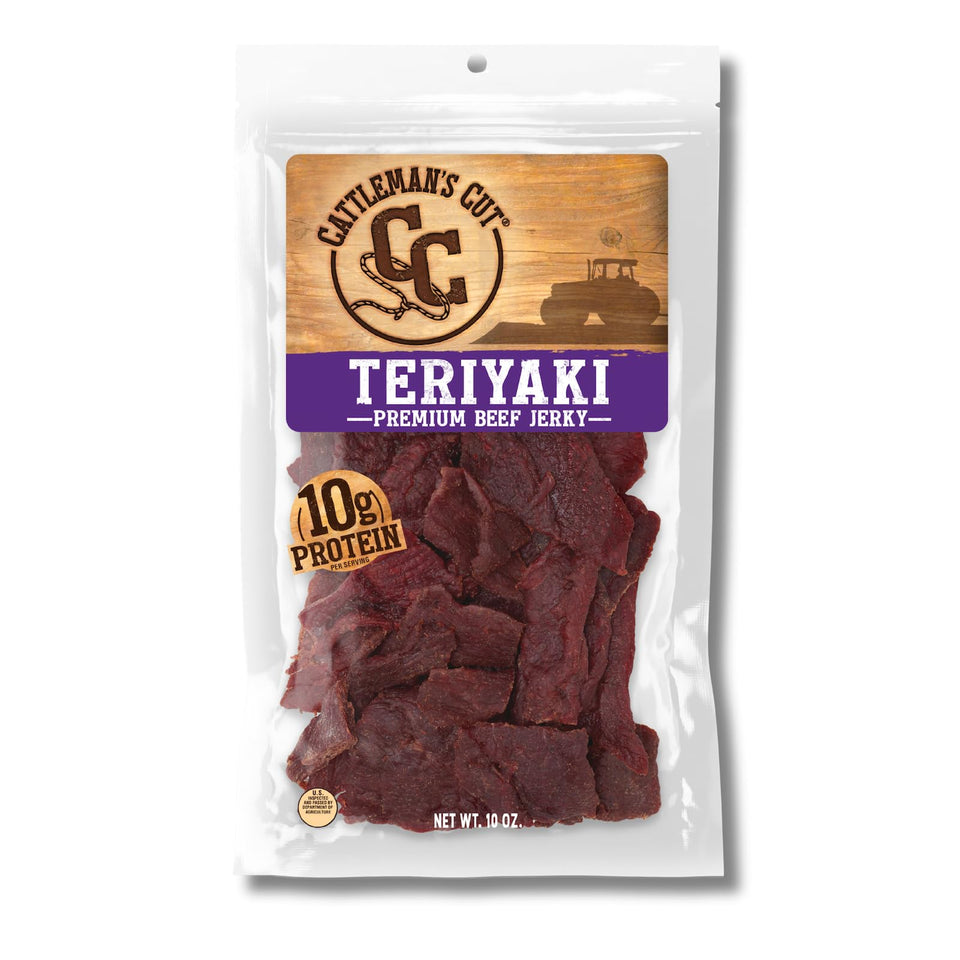 CATTLEMAN'S CUT Teriyaki Beef Jerky pack shot, premium protein snack for on-the-go.