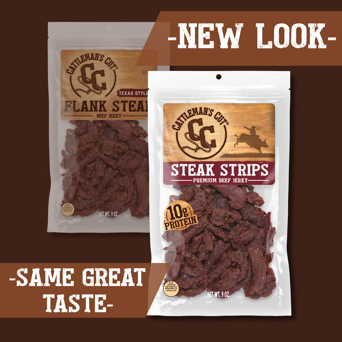 Cattleman's Cut Texas-style jerky packaging highlights value and freshness