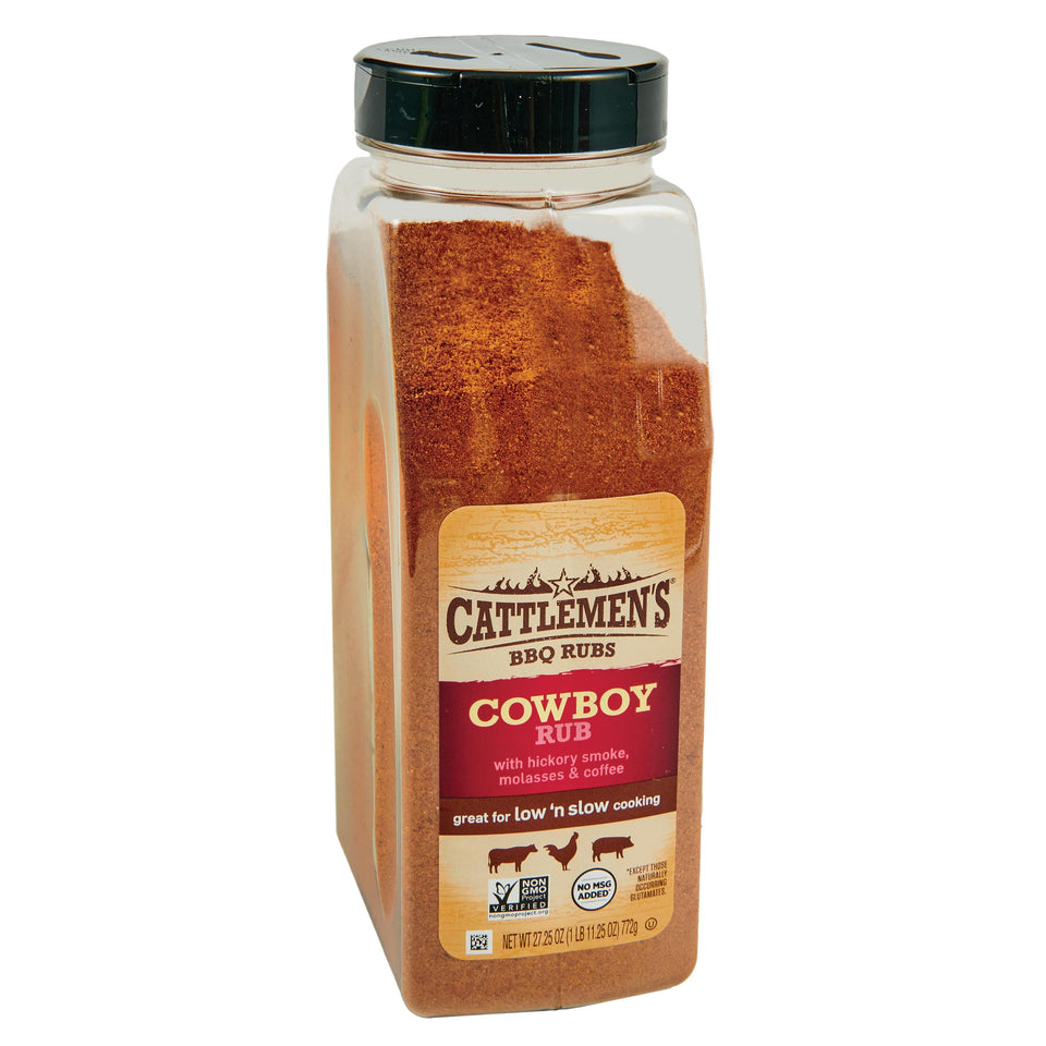Cattlemen's Cowboy Rub bottle pour showcases bold, smoky flavor for grilling.