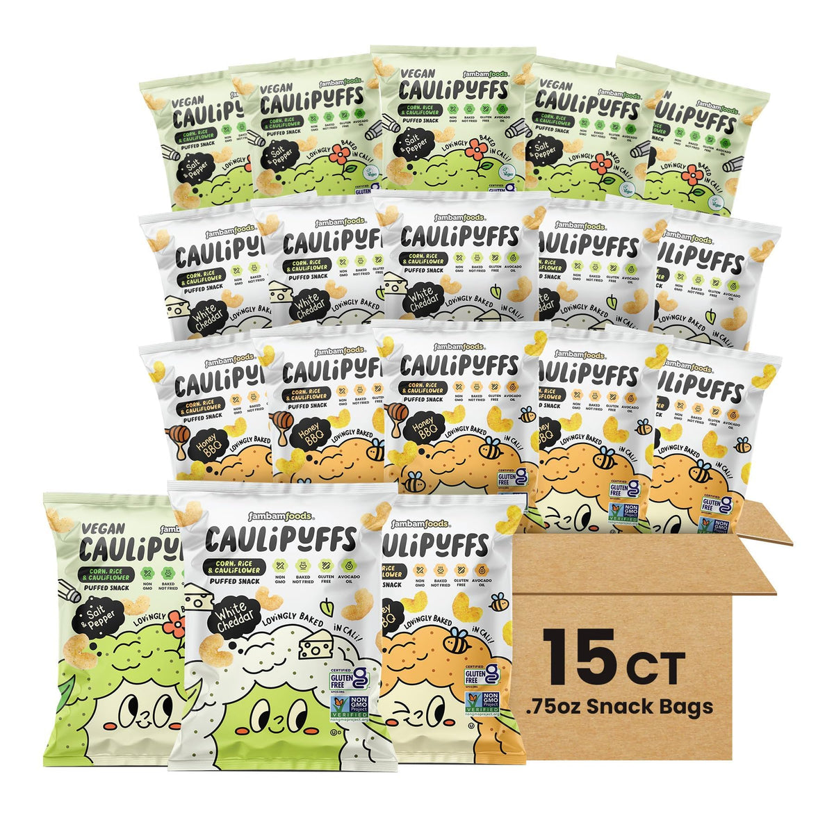 CauliPuffs cauliflower crunch in a bag, versatile snack for any time
