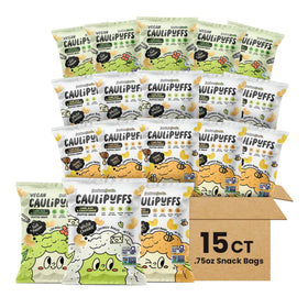 CauliPuffs cauliflower crunch in a bag, versatile snack for any time
