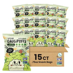 CauliPuffs gluten-free puff bag with salt and pepper flavor, ideal for lunchboxes.