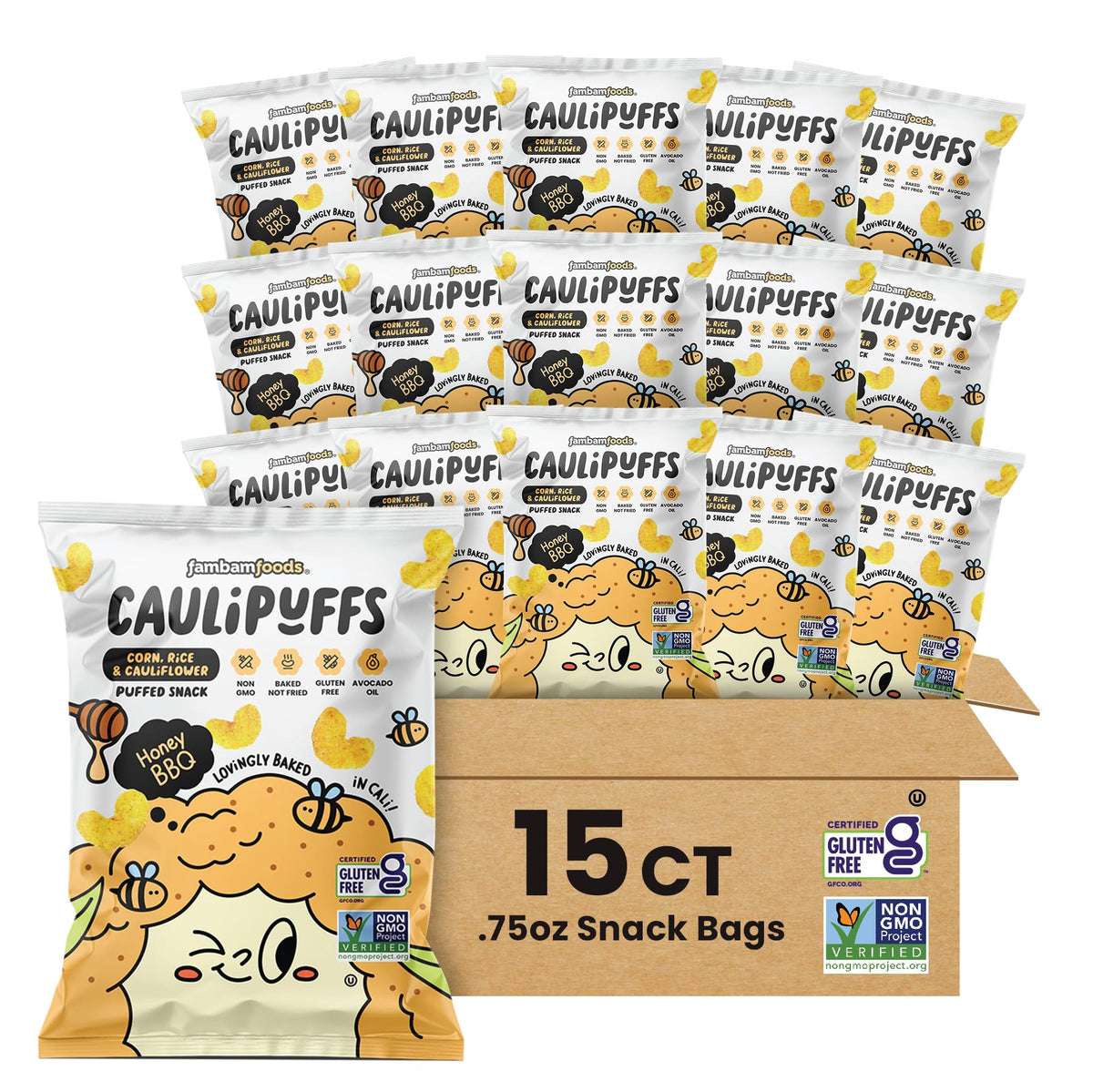Caulipuffs Honey BBQ bag close-up highlights gluten-free snack option for lunchboxes