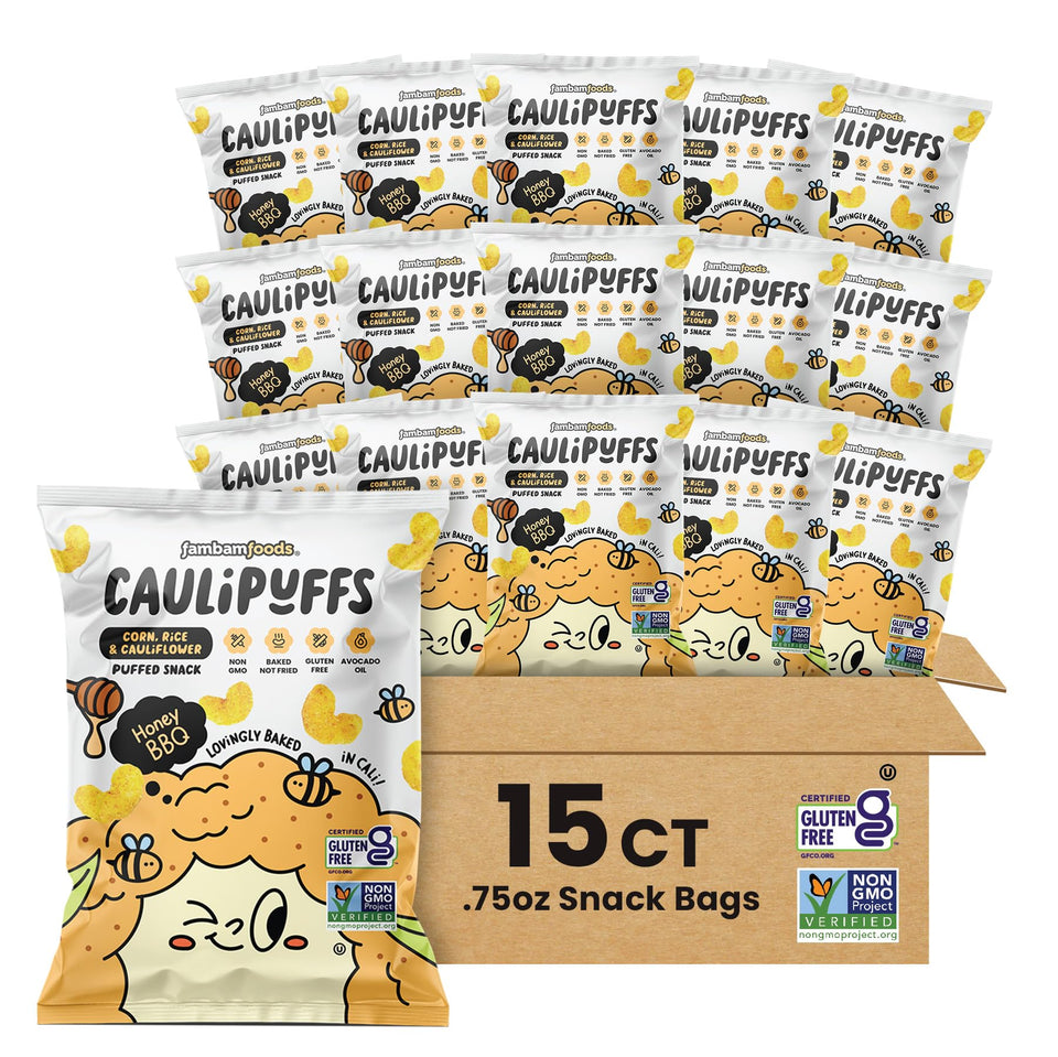 Caulipuffs Honey BBQ bag close-up highlights gluten-free snack option for lunchboxes