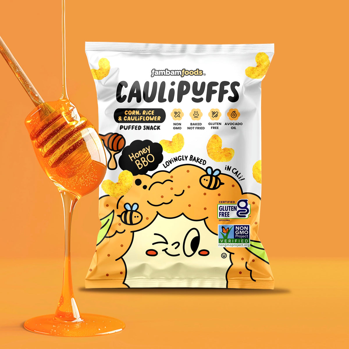 Caulipuffs Honey BBQ nutrition panel provides gluten-free carb option