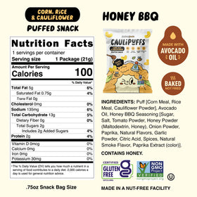 Caulipuffs Honey BBQ packaging display highlights 15 x 0.75oz bags