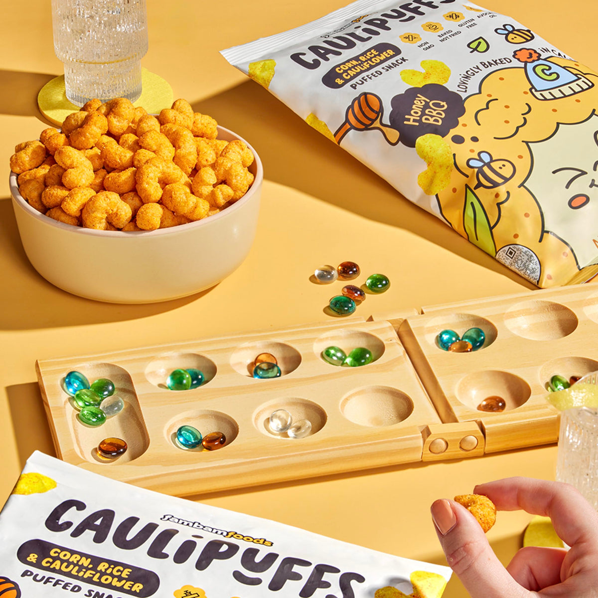 Caulipuffs Honey BBQ serving suggestion with party platters