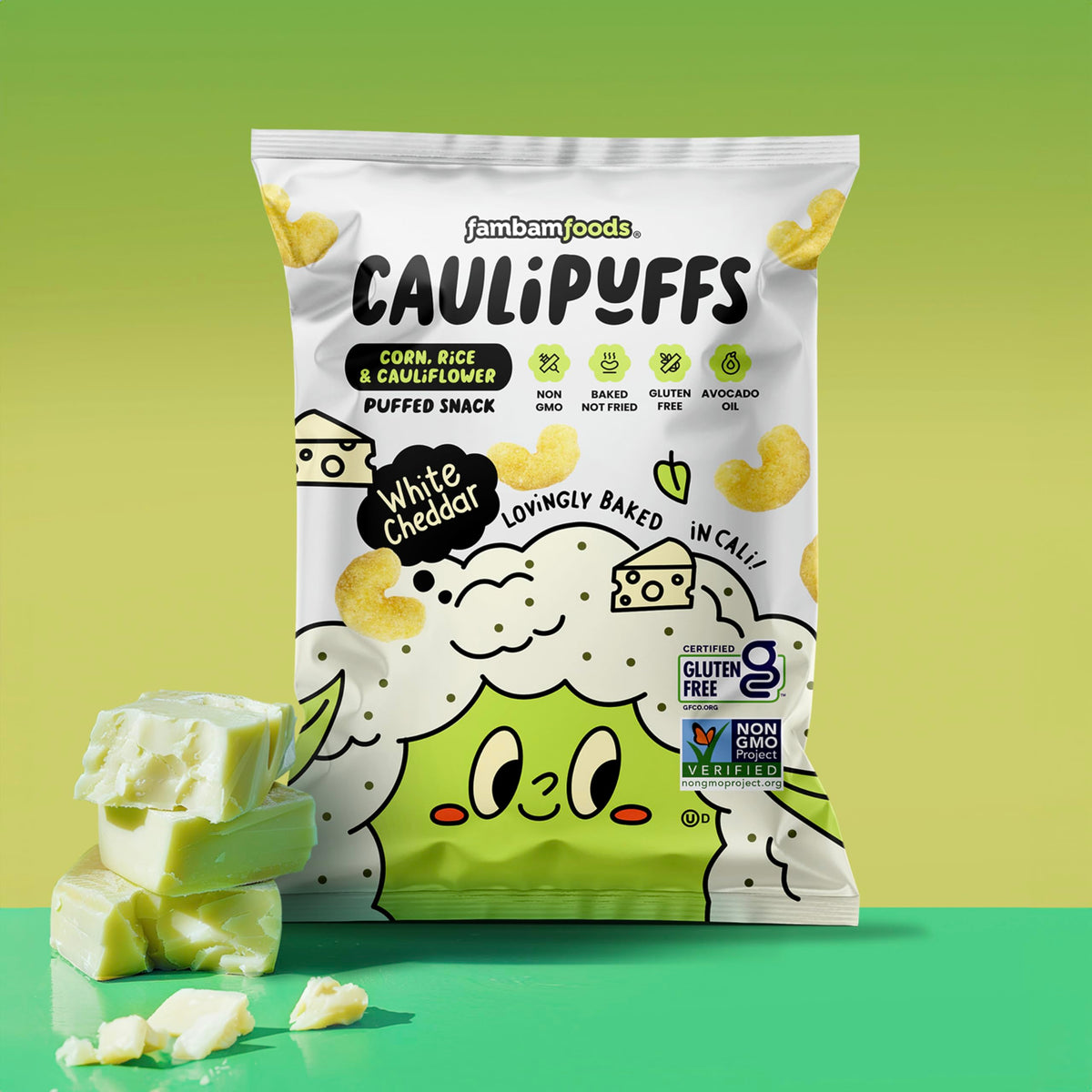 CauliPuffs on-the-go snacking image showcases portable pack perfect for travel.