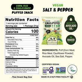 CauliPuffs vegan salt and pepper seasoning on light, savory puffs.