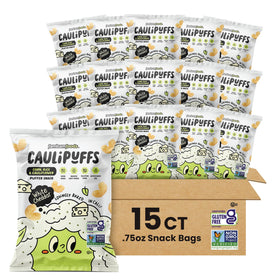 CauliPuffs white cheddar puffed snack showcased in package, a gluten-free option for lunchboxes.