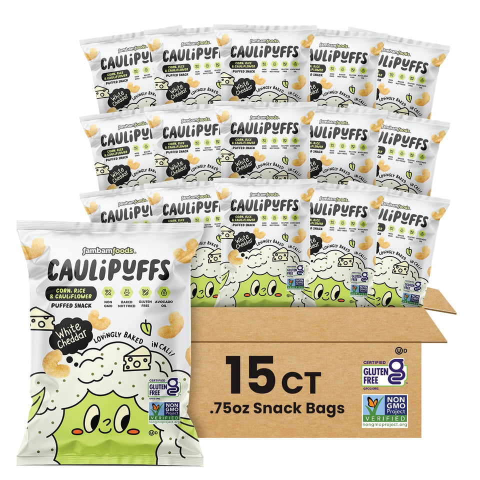 CauliPuffs white cheddar puffed snack showcased in package, a gluten-free option for lunchboxes.
