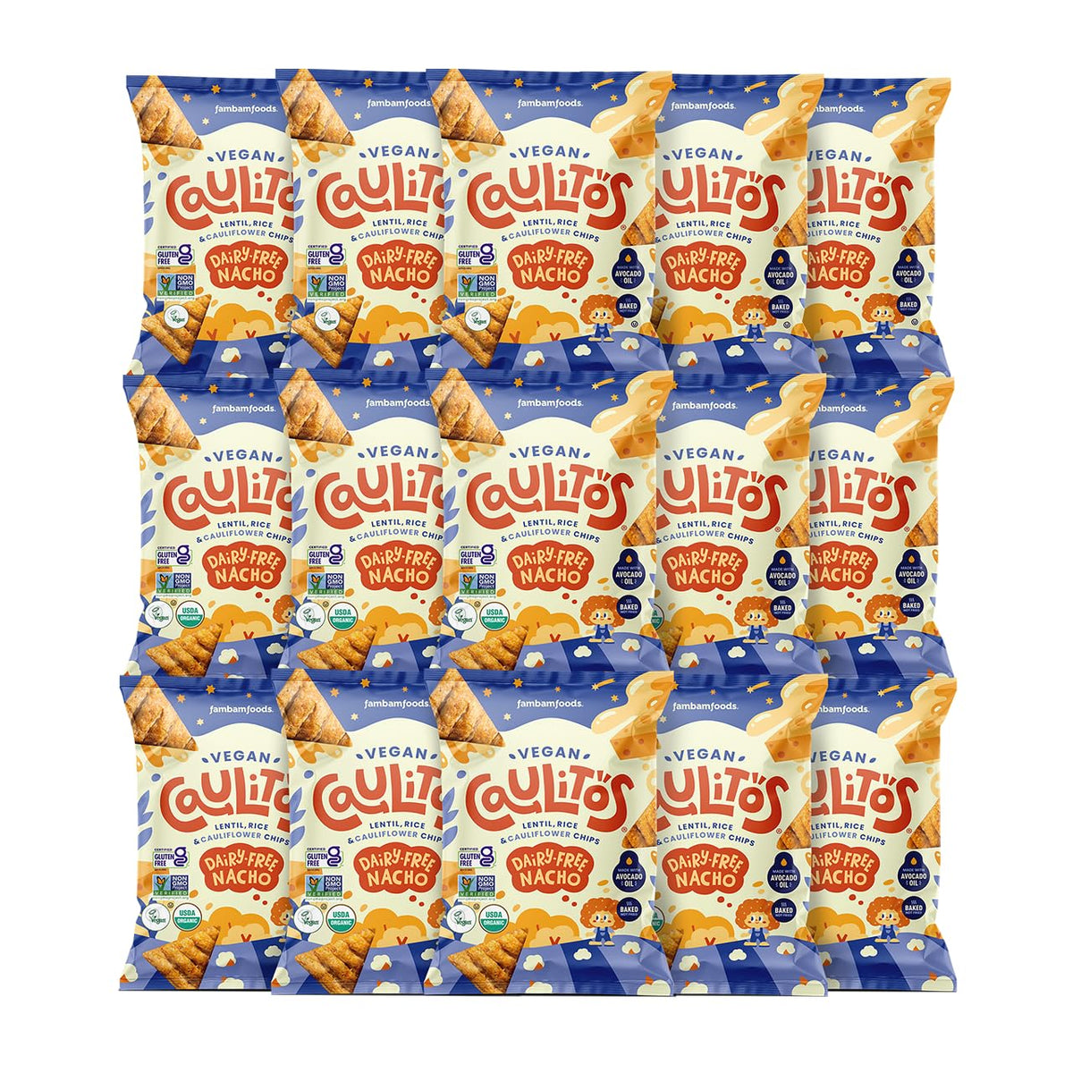 Caulitos nacho cheese chips in a 15-pack front view, ideal for sharing and dipping.
