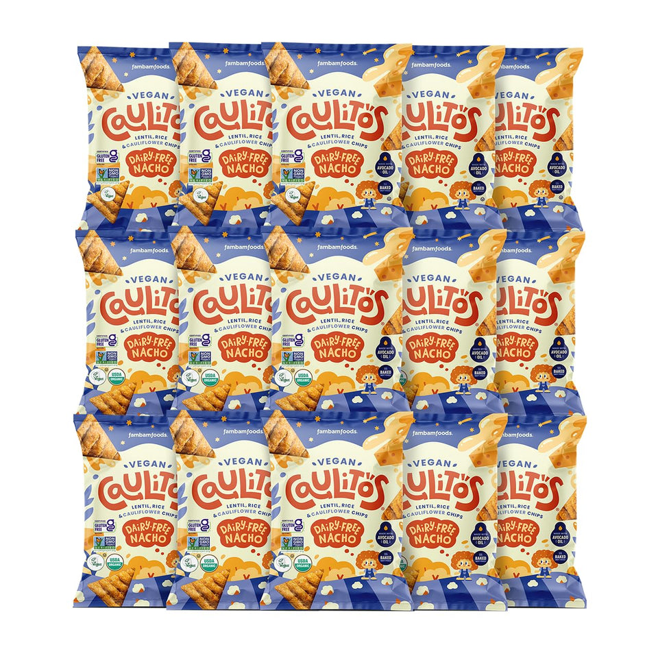 Caulitos nacho cheese chips in a 15-pack front view, ideal for sharing and dipping.