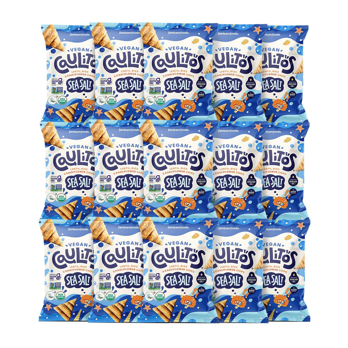 Caulitos sea salt chips in bag, crisp and ready for dipping.