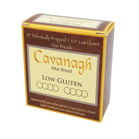 Cavanagh low gluten altar bread box for Mass services with 25 individually wrapped pieces.