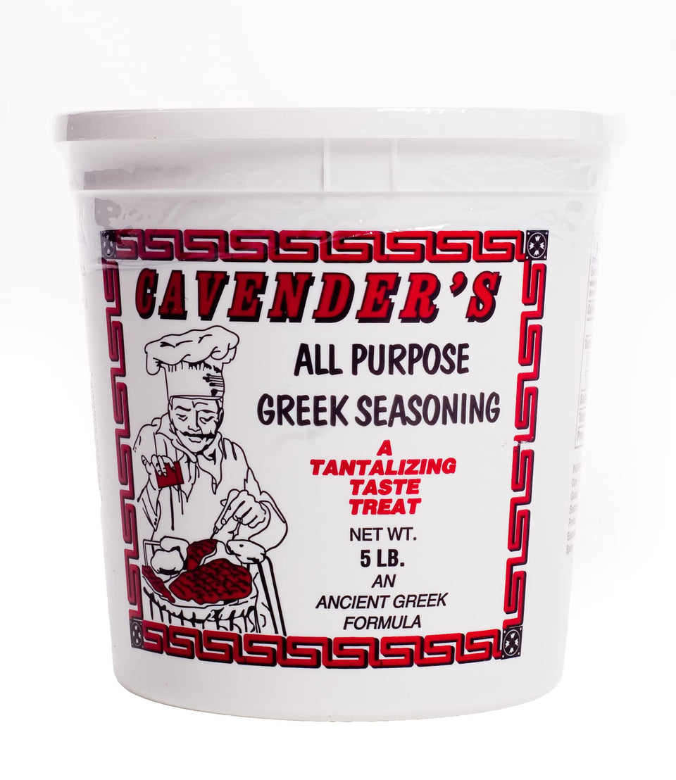 Cavender's Greek Seasoning 5lb tub front label for versatile flavor