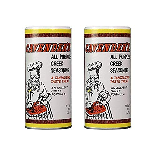 Cavender's Greek seasoning bottle enhances grilled meats with bold herbs.