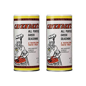 Cavender's Greek seasoning bottle enhances grilled meats with bold herbs.