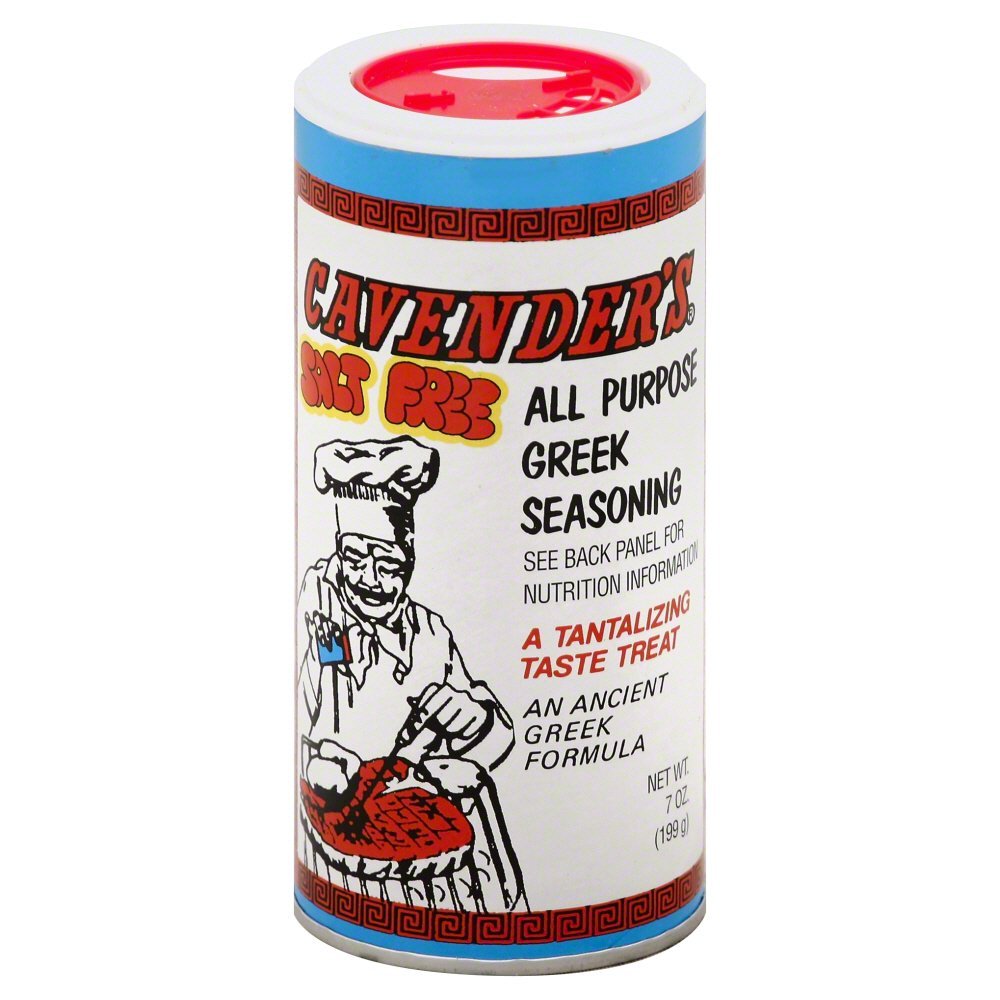 Cavender's Greek seasoning bottle pour adds salt-free flavor to meats and vegetables.