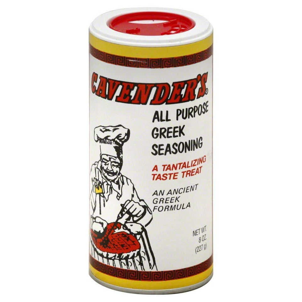 Cavender's Greek seasoning bottle enhances meats and vegetables with versatile Greek flavor.