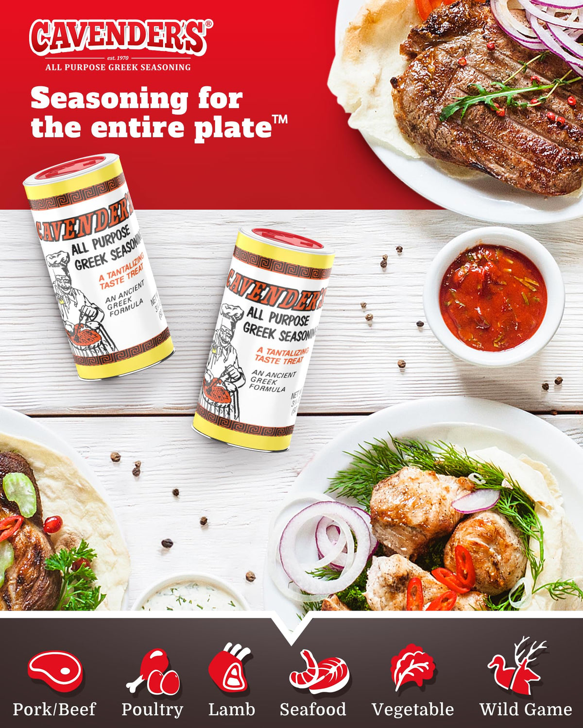 Meat grilling with Cavender's Greek Seasoning for juicy flavor