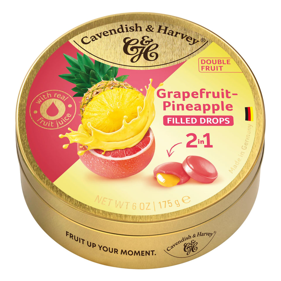 Cavendish & Harvey Double Fruit Drops with grapefruit exterior and pineapple filling, ideal for sharing.