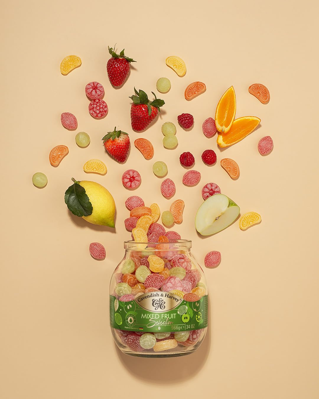 Cavendish and Harvey fruit drops close-up showing real fruit flavors and sugar dusting