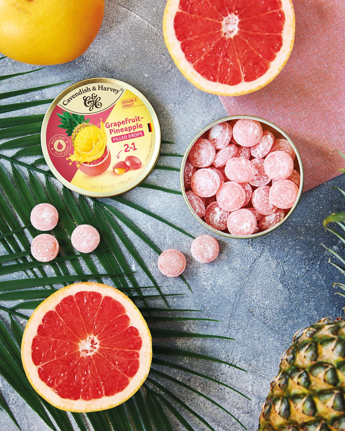 Cavendish & Harvey gold tin packaging preserves freshness with premium presentation.