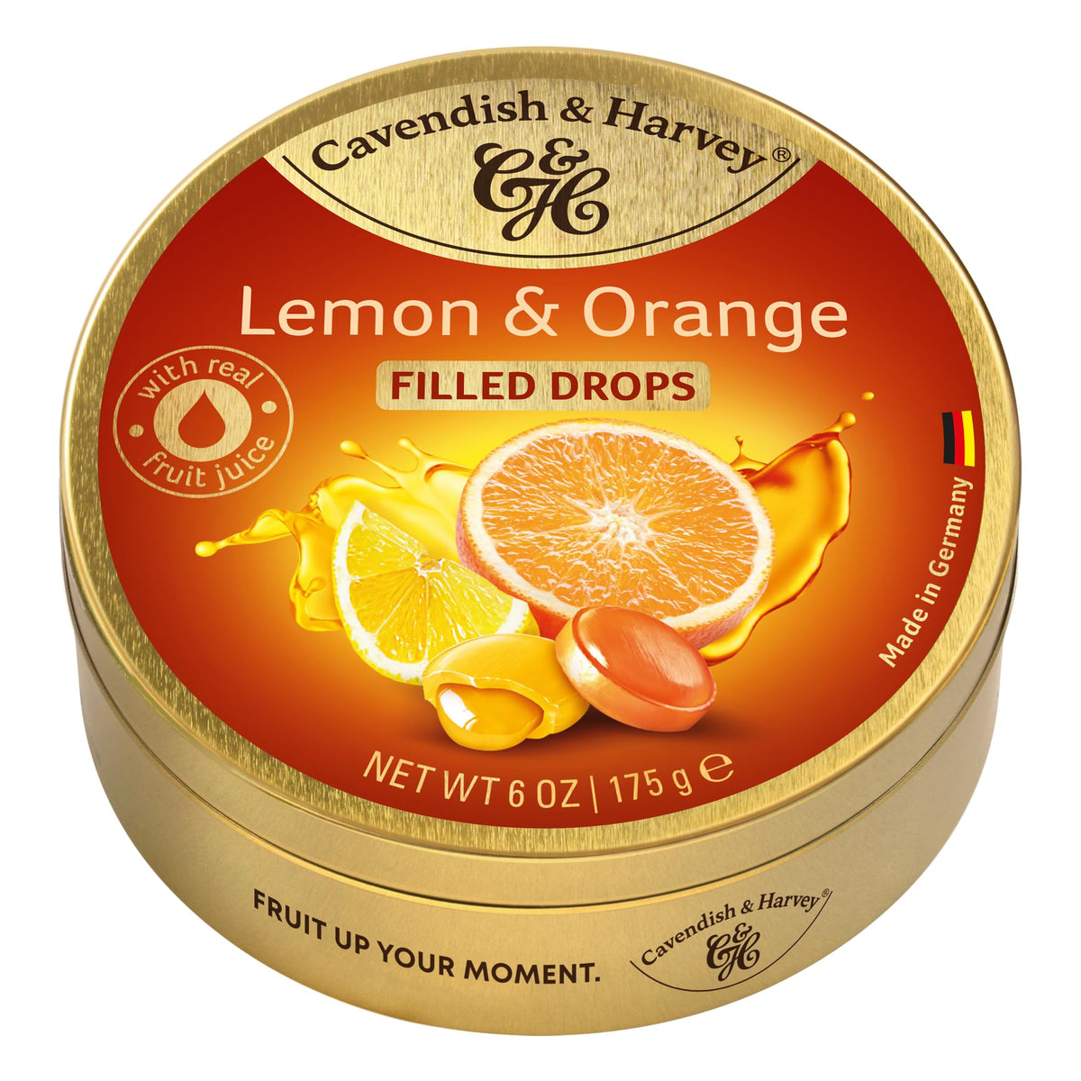 Cavendish & Harvey Lemon & Orange Drops tin front view, ideal for gifting