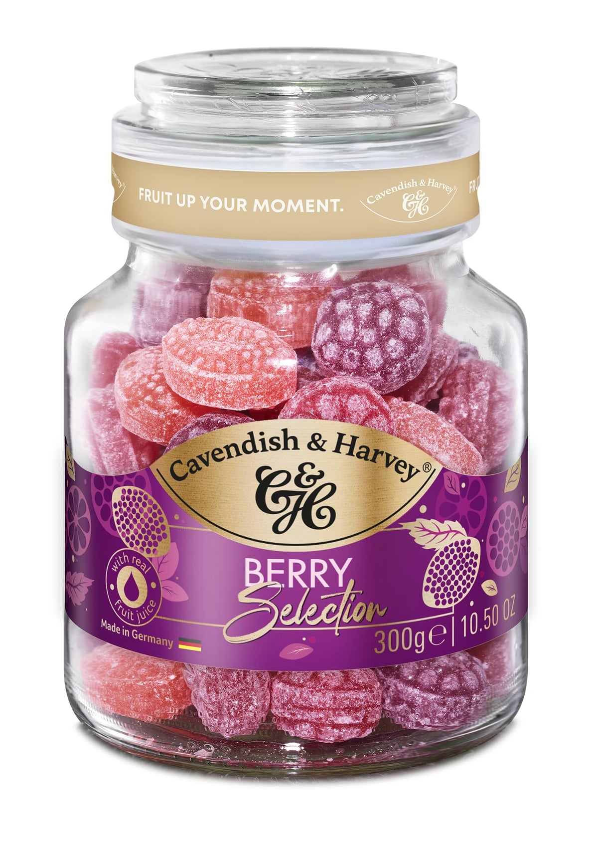 Cavendish & Harvey Mixed Berry Drops in a glass jar – premium fruity treat.