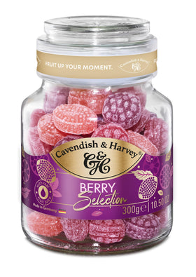 Cavendish & Harvey Mixed Berry Drops in a glass jar – premium fruity treat.