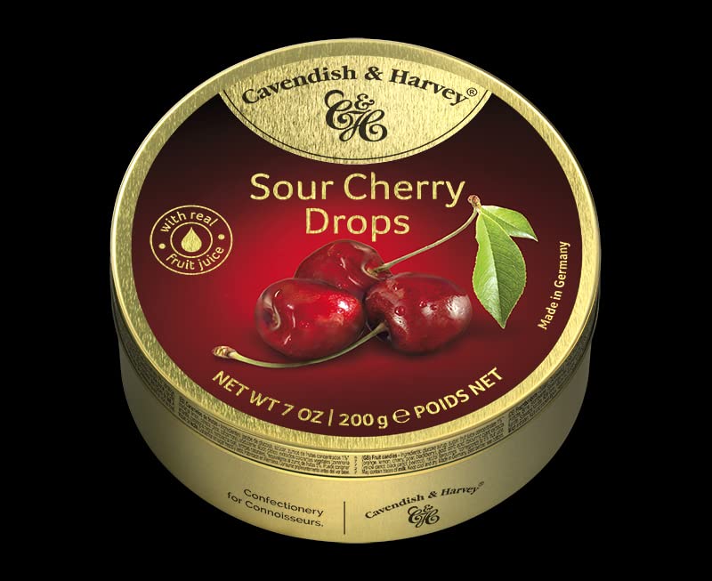 Cavendish & Harvey Sour Cherry Drops 7oz bottle closeup shows premium format