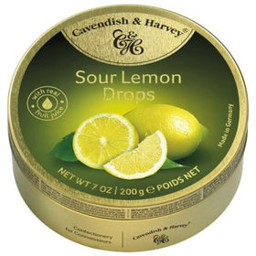 Cavendish and Harvey sour lemon drops tin front view, portable Brit treat for on-the-go snacking.