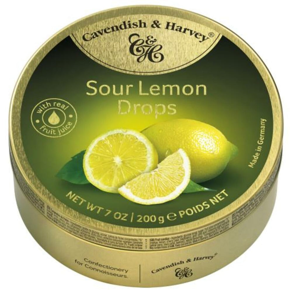 Cavendish and Harvey sour lemon drops tin front view, portable Brit treat for on-the-go snacking.