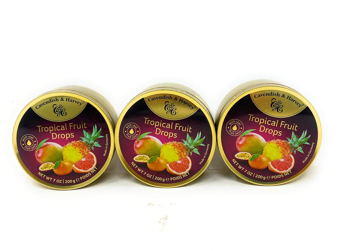 Cavendish & Harvey tropical fruit drops bottle showcasing tropical flavors for sharing.