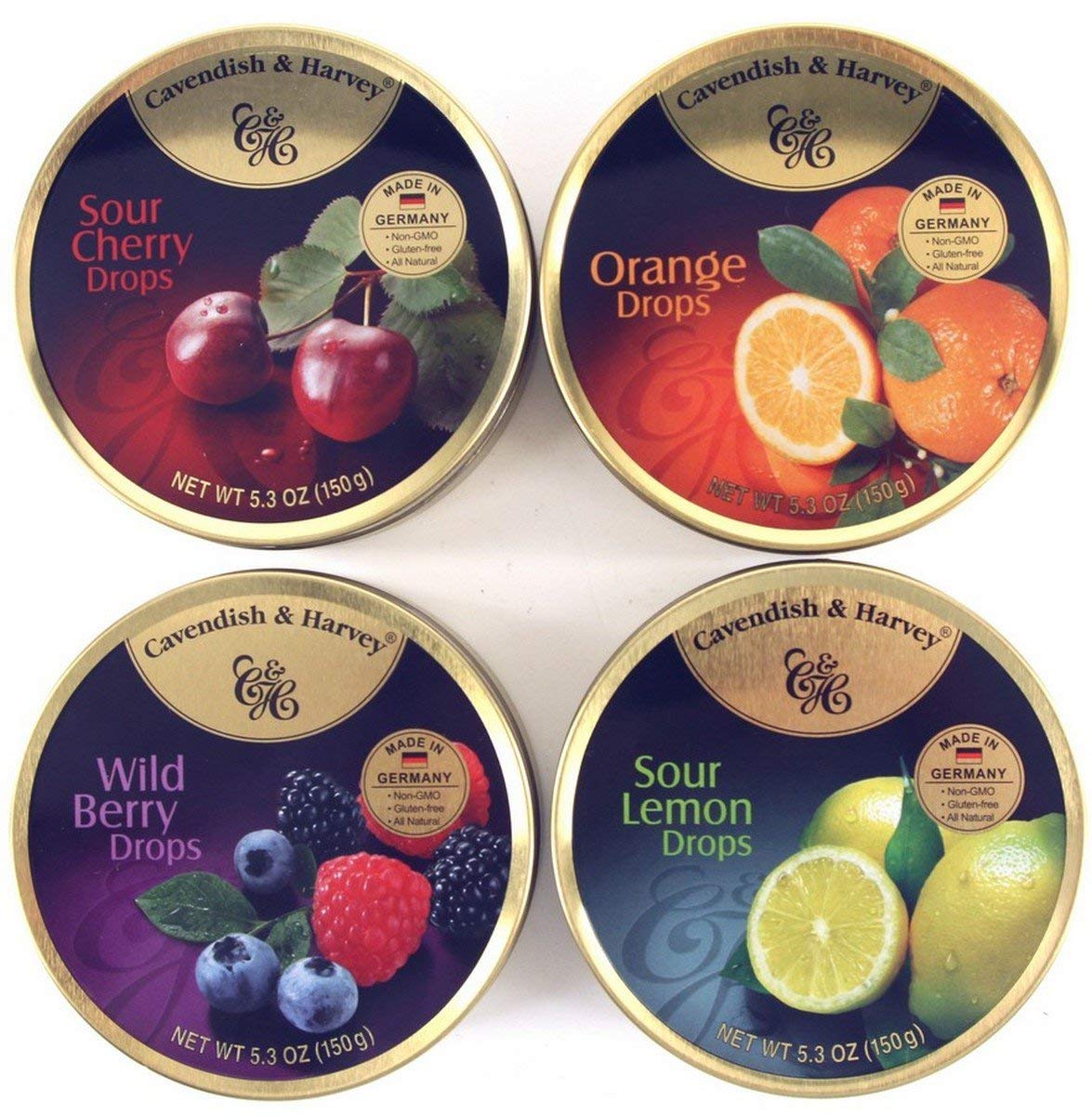 Cavendish & Harvey Variety Flavor Hard Candy Drops tin with sugar-dusted fruit candies for gifting