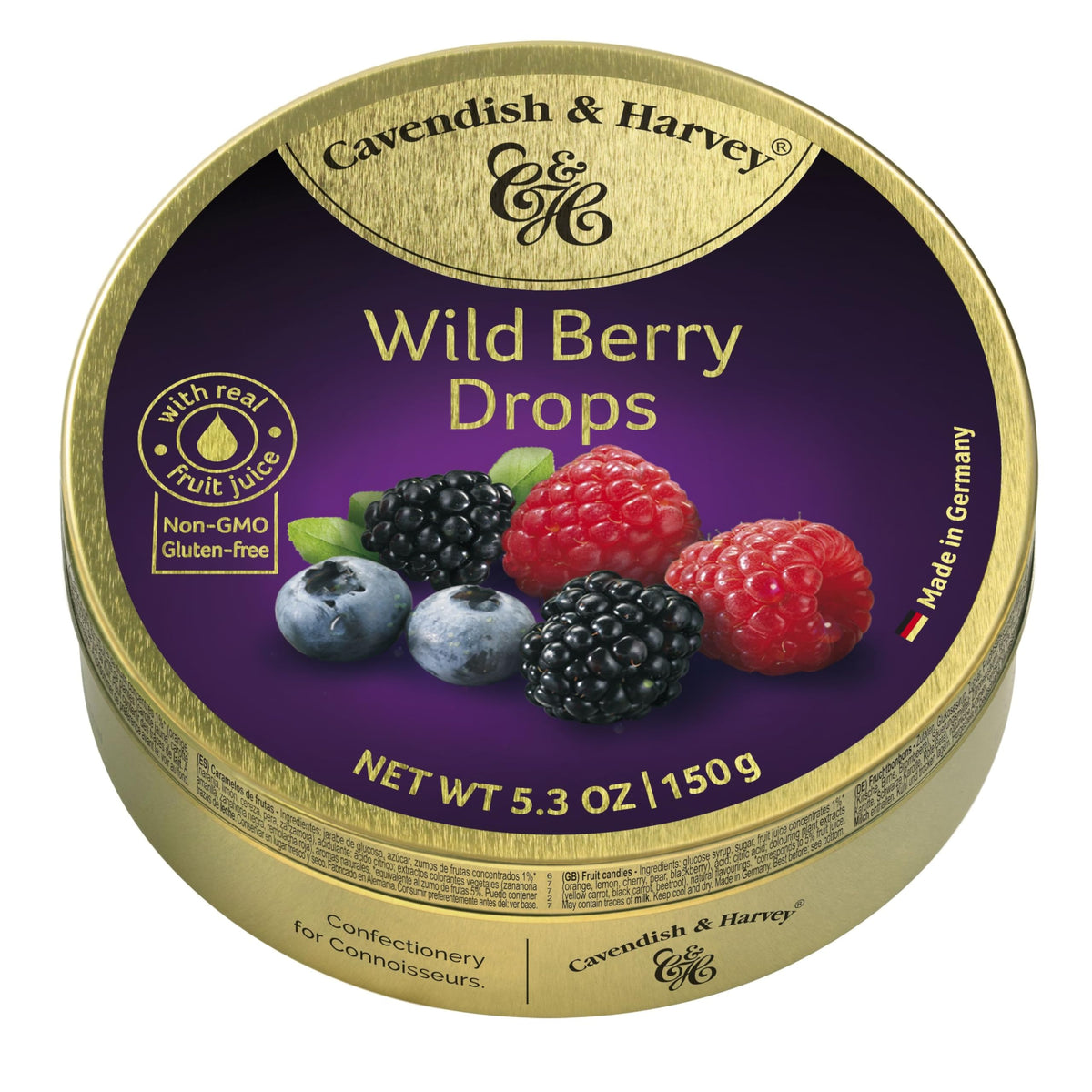Cavendish & Harvey Wild Berry hard candy drops in a 4-pack tin for refined snacking
