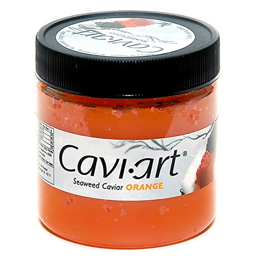 Cavi-Art orange seaweed caviar in a jar adds cholesterol-free luxury to dishes.