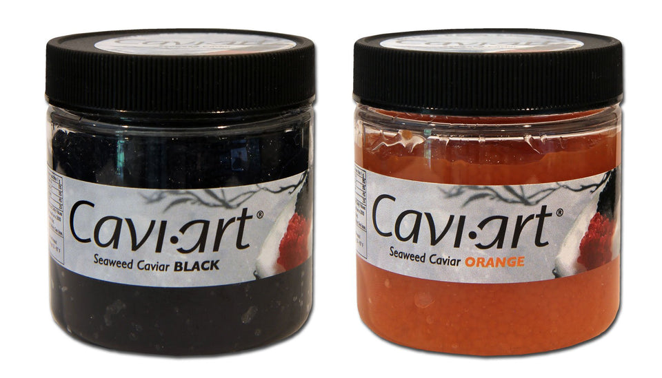 Cavi-Art vegan seaweed caviar pack with two flavor jars for versatile topping ideas.