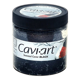 Caviart vegan caviar bottle with black seaweed pearls, a cruelty-free seafood substitute.