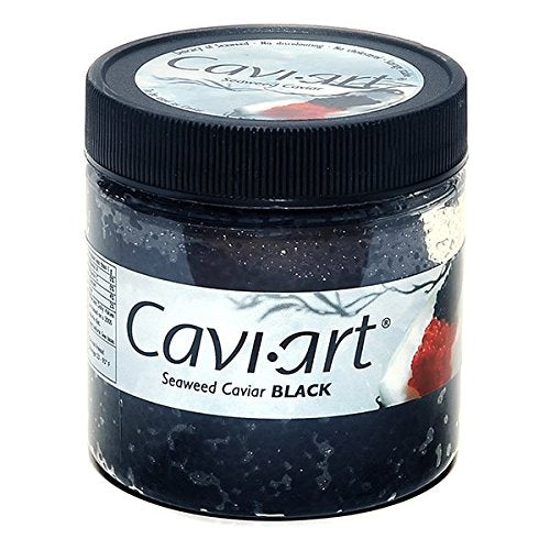 Caviart vegan caviar bottle with black seaweed pearls, a cruelty-free seafood substitute.