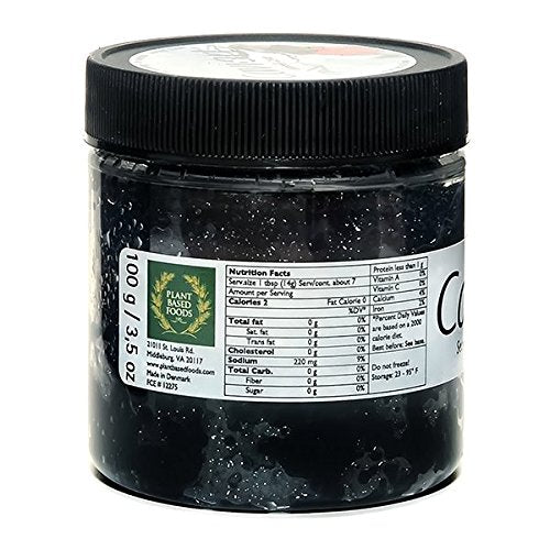 Caviart seaweed caviar jar on table, illustrating long shelf-life after opening.