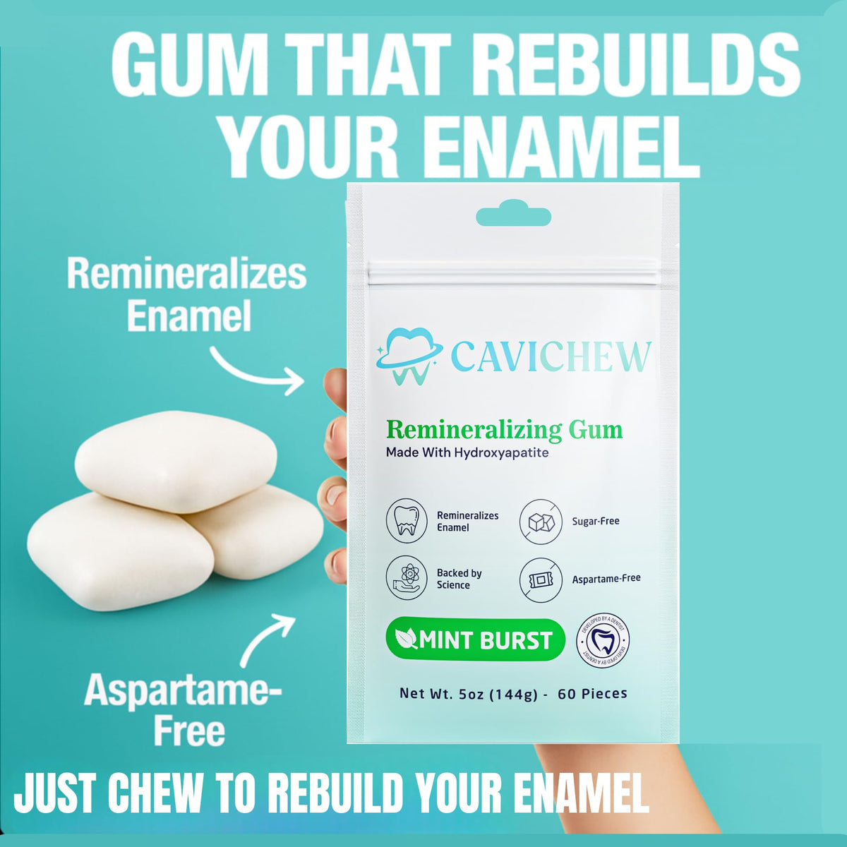 CaviChew dentist-designed gum label emphasizes science-backed remineralization.