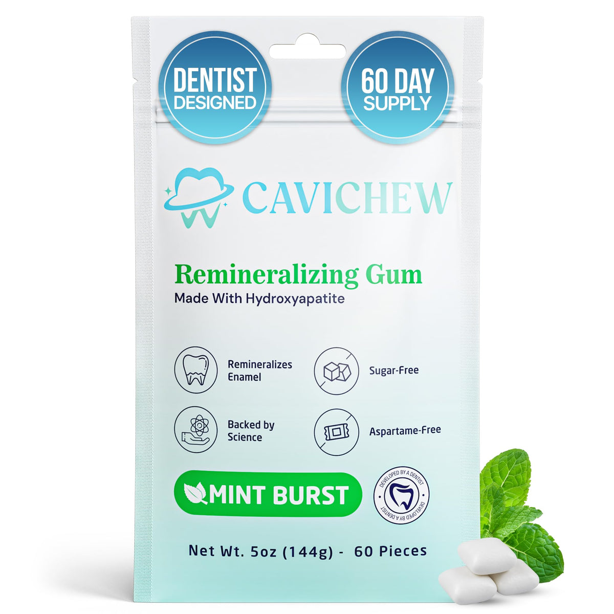CaviChew remineralizing gum with nano hydroxyapatite packaging promotes enamel support.