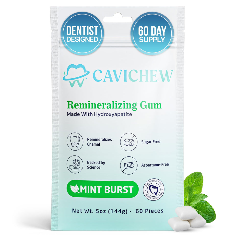 CaviChew remineralizing gum with nano hydroxyapatite packaging promotes enamel support.