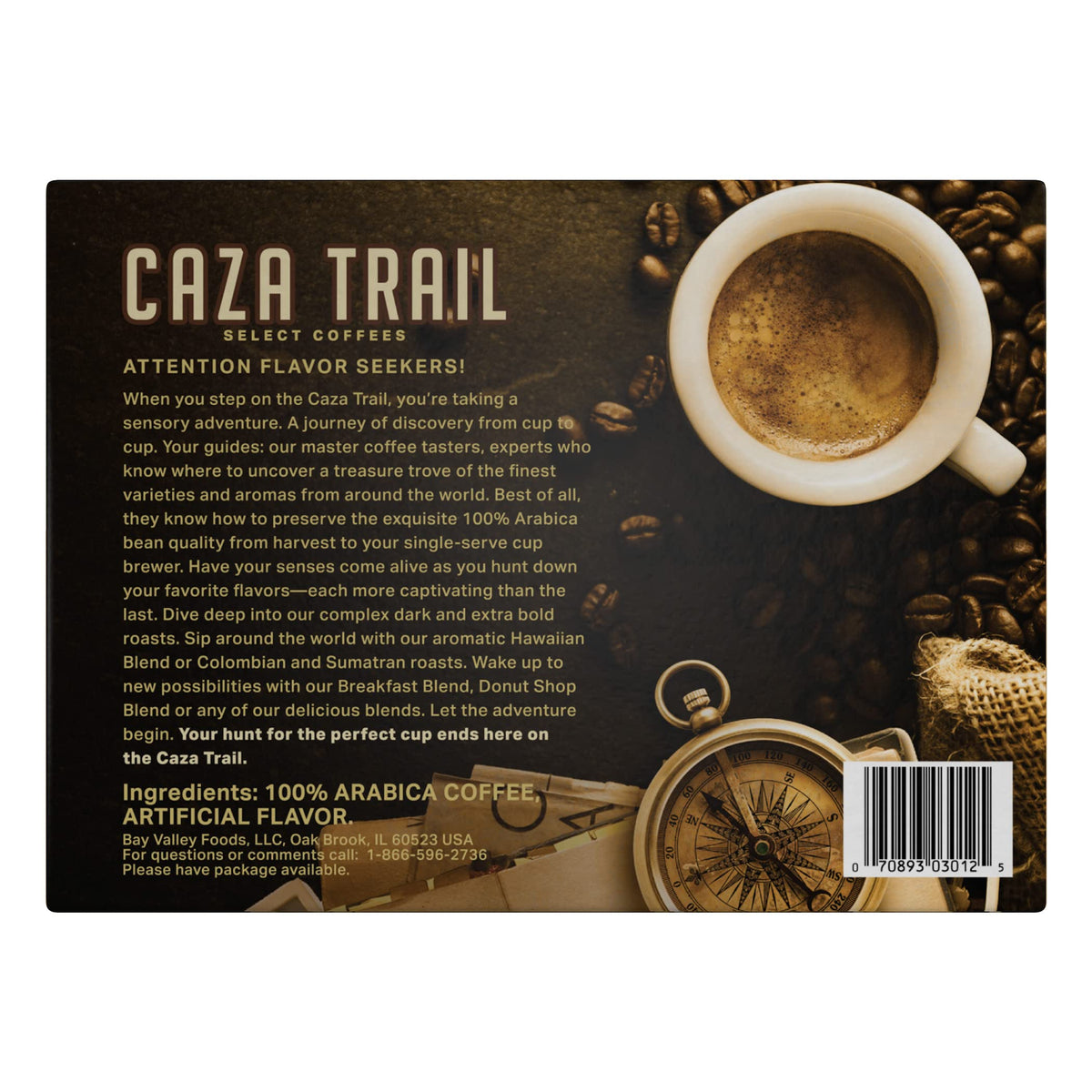 Caza Trail 100% Arabica blend label emphasizing aroma and balanced body.