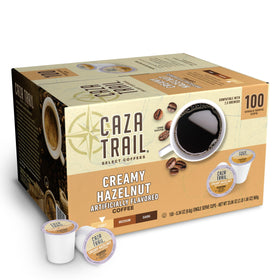 Caza Trail creamy hazelnut coffee pods closeup highlighting creamy texture and nutty aroma.
